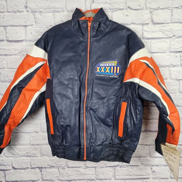 Denver Broncos SUPER BOWL XXXIII Vintage 1999 PRO PLAYER Blue Med Leather Jacket - Picture 1 of 16